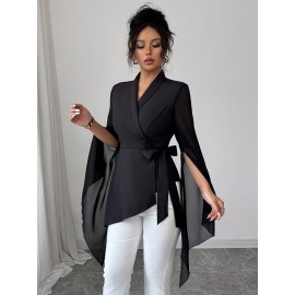 Women's French-Style Asymmetric Blouse - Chiffon Semi-Sheer Shirt Jacket with Short Sleeve, Machine Washable Elegant Tops for Spring/Fall Layering (Solid Color) - Wardrobe Essential for Dresses & Jeans