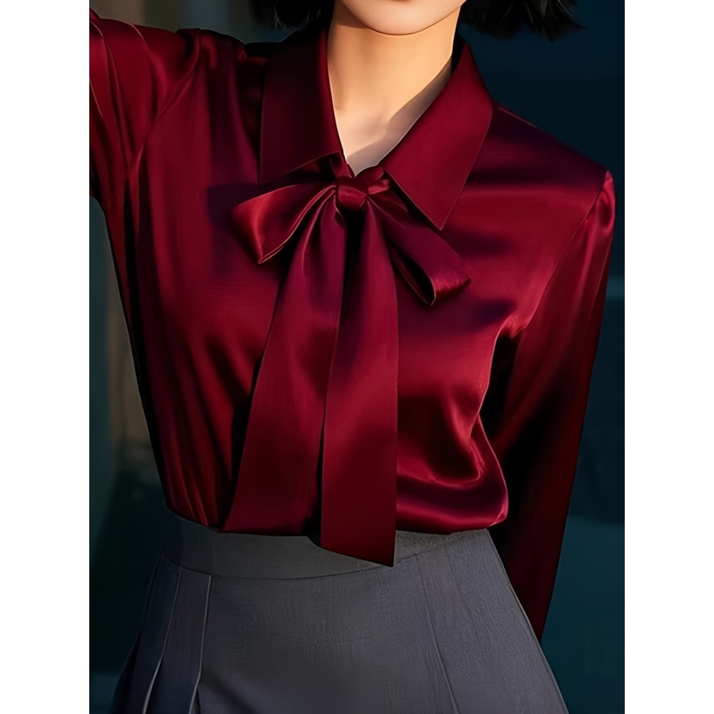 [Burgundy Satin Blouse] Long Sleeve Women's Elegant Burgundy Satin Blouse | Non-Sheer Polyester, 173gsm, Bow Tie Detail, Perfect for Spring/Autumn Office or Formal Wear