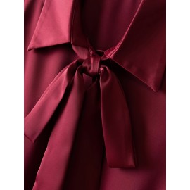 [Burgundy Satin Blouse] Long Sleeve Women's Elegant Burgundy Satin Blouse | Non-Sheer Polyester, 173gsm, Bow Tie Detail, Perfect for Spring/Autumn Office or Formal Wear