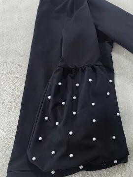 Pearl Detail Chic High Neck Long Sleeve Shirt - Polyester-Spandex Blend, Solid Color, Regular Fit, Woven Fabric, Ideal for Spring/Fall - Women'S Fashion