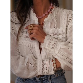 Women'S French-Inspired Elegant Long Sleeve Blouse with Lace Detailing - Round Neck, Button-Up Shirt in White, Perfect for Spring/Summer/Fall, Casual to Formal Wear, Casual Attire | Frenchinspired Blouse | Lace Detailing, Ladies Blouses