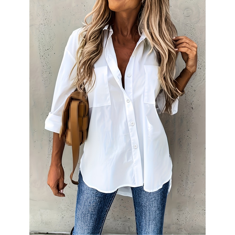 [Casual Button-Up Shirt] Relaxed Fit Women's Casual Long Sleeve Button-Up Shirt | Solid Color, 3/4 Sleeve Design with Chest Pocket, Versatile All-Season Top for Casual Attire