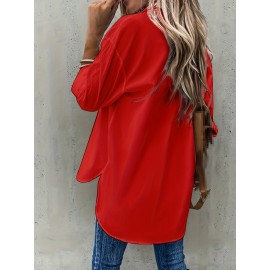 [Casual Button-Up Shirt] Relaxed Fit Women's Casual Long Sleeve Button-Up Shirt | Solid Color, 3/4 Sleeve Design with Chest Pocket, Versatile All-Season Top for Casual Attire