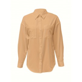 [Casual Button-Up Shirt] Relaxed Fit Women's Casual Long Sleeve Button-Up Shirt | Solid Color, 3/4 Sleeve Design with Chest Pocket, Versatile All-Season Top for Casual Attire