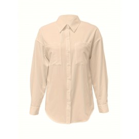 [Casual Button-Up Shirt] Relaxed Fit Women's Casual Long Sleeve Button-Up Shirt | Solid Color, 3/4 Sleeve Design with Chest Pocket, Versatile All-Season Top for Casual Attire