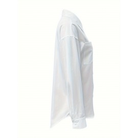 [Casual Button-Up Shirt] Relaxed Fit Women's Casual Long Sleeve Button-Up Shirt | Solid Color, 3/4 Sleeve Design with Chest Pocket, Versatile All-Season Top for Casual Attire