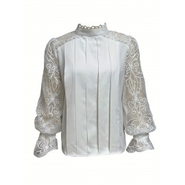 Women'S Elegant Lace-Trimmed Blouse with Puff Sleeves & High Neck - Chic White & Beige Contrast Design, Perfect for Spring/Summer/Fall, Versatile Fashion Top, Spring Summer Fashion, Sophisticated Style, Intricate Lace Detailing