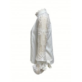 Women'S Elegant Lace-Trimmed Blouse with Puff Sleeves & High Neck - Chic White & Beige Contrast Design, Perfect for Spring/Summer/Fall, Versatile Fashion Top, Spring Summer Fashion, Sophisticated Style, Intricate Lace Detailing