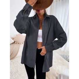 1pc Elegant Solid Color Corduroy Drop Shoulder Long Sleeve Shirt for Women, Polyester, Button-Up Front, Spring/Autumn Season, Adult Casual Loose Fit Top