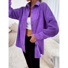 1pc Elegant Solid Color Corduroy Drop Shoulder Long Sleeve Shirt for Women, Polyester, Button-Up Front, Spring/Autumn Season, Adult Casual Loose Fit Top