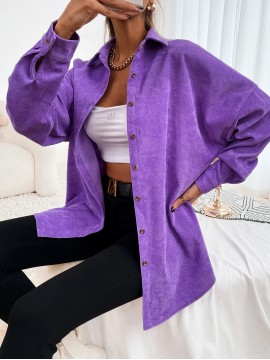 1pc Elegant Solid Color Corduroy Drop Shoulder Long Sleeve Shirt for Women, Polyester, Button-Up Front, Spring/Autumn Season, Adult Casual Loose Fit Top