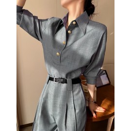 [Structured Collar] Structured Collar Blouse Women's | Long Sleeve Wrinkle-Resistant Shirt Jacket-like Top, Solid Grey with Buttons, Tailored Casual & Professional Wear for Office, Semi-Formal Events, Machine Washable Spring/Fall Outerwear