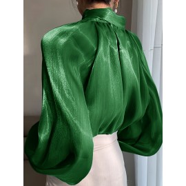 [Laceup Detailing Retro Fashion] Vintage Elegant Women's Blouse - Long Sleeve High Neck Shirt with Tie-Front Detail, All-Season Formal & Everyday Blouse for Office, Parties, Casual Outfits - Women's Clothing, Party Attire, Laceup Detailing, Office Attire, Retro Fashion