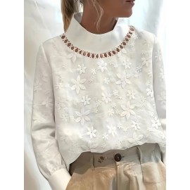 Spring and Autumn Fashion New Solid Color Embroidered High Neck Long Sleeve Shirt for Women