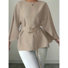 2pcs Women'S French Style Round Neck Batwing Sleeve Blouse with Waist Tie - Elegant Solid & Tunic Shirts, All-Season Layering Tops for Casual & Formal, Versatile Clothing, Classic Design, Stylish Shirt, Fashion Lovers, Office Wear