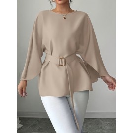 2pcs Women'S French Style Round Neck Batwing Sleeve Blouse with Waist Tie - Elegant Solid & Tunic Shirts, All-Season Layering Tops for Casual & Formal, Versatile Clothing, Classic Design, Stylish Shirt, Fashion Lovers, Office Wear