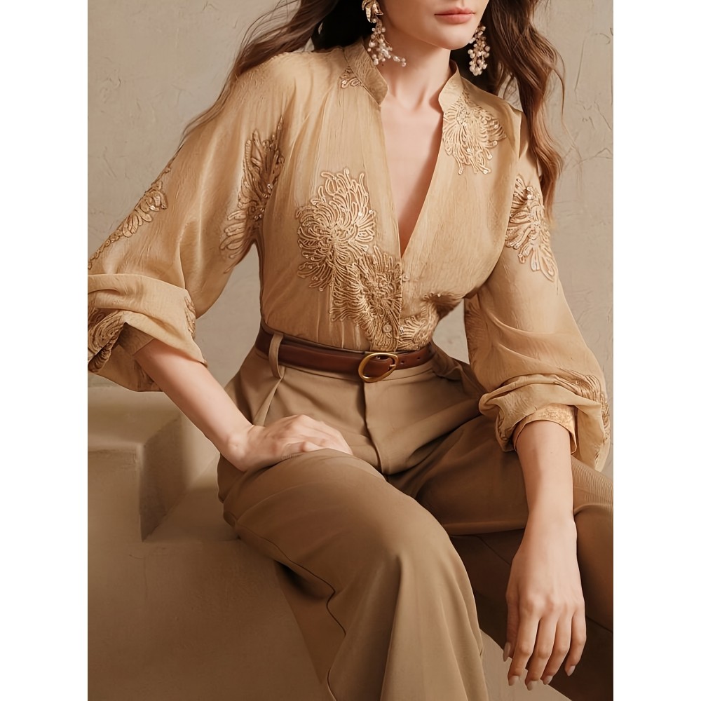 Elegant French Embroidered V-Neck Long Sleeve Blouse for Women - Chic Button-Up Shirt with Floral Pattern, Perfect for Business or Casual Outfits, Spring/Summer/Fall, Ladies Blouses