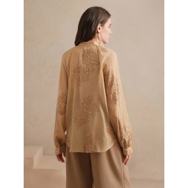 Elegant French Embroidered V-Neck Long Sleeve Blouse for Women - Chic Button-Up Shirt with Floral Pattern, Perfect for Business or Casual Outfits, Spring/Summer/Fall, Ladies Blouses