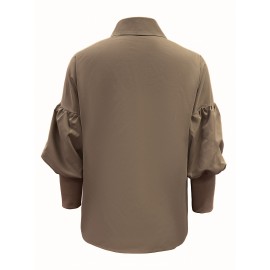 [Women's Elegant Blouse (ZD301)] Women's Elegant Solid Color Brown Puffed Sleeve Lapel Collar Blouse - Single-Breasted H-Line Regular Fit Shirt, Machine Washable All-Season Versatile Top for Casual & Formal Occasions (ZD301)