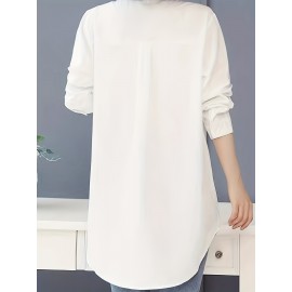 Women'S Chic Embroidered Long Sleeve Blouse - White with Black Floral Design, Perfect for Spring/Summer, Casual Attire, Casual Attire|Floral Embroidery|Detailed Embroidery