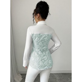 Women'S Elegant Mint Green & White Floral-like Collar Blouse - Slim-Fit Tailored Long Sleeve Shirt Jacket, Machine Washable All-Season Professional & Casual Wear, Structured Button-Front Jacket