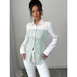 Women'S Elegant Mint Green & White Floral-like Collar Blouse - Slim-Fit Tailored Long Sleeve Shirt Jacket, Machine Washable All-Season Professional & Casual Wear, Structured Button-Front Jacket