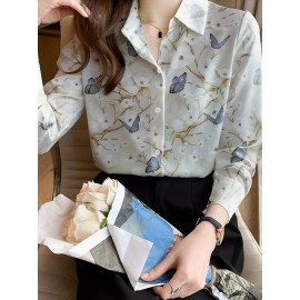 Women'S Elegant Floral and Butterfly Print Long Sleeve Shirt - Casual Turnover Collar, Single-Breasted POLO Style Top for Spring/Fall, Floral Print Blouse