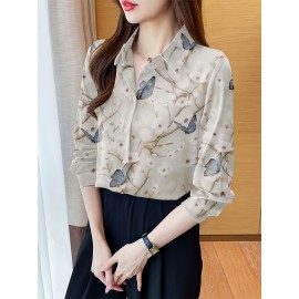 Women'S Elegant Floral and Butterfly Print Long Sleeve Shirt - Casual Turnover Collar, Single-Breasted POLO Style Top for Spring/Fall, Floral Print Blouse