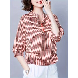 [Breathable Black & White] Elegant Women's Loose V-Neck Shirt With 3/4 Sleeves And An Asymmetrical Hem, Breathable Black And White Stripes For Spring, Summer, And Autumn