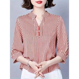 [Breathable Black & White] Elegant Women's Loose V-Neck Shirt With 3/4 Sleeves And An Asymmetrical Hem, Breathable Black And White Stripes For Spring, Summer, And Autumn