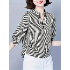 [Breathable Black & White] Elegant Women's Loose V-Neck Shirt With 3/4 Sleeves And An Asymmetrical Hem, Breathable Black And White Stripes For Spring, Summer, And Autumn