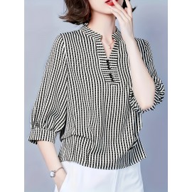 [Breathable Black & White] Elegant Women's Loose V-Neck Shirt With 3/4 Sleeves And An Asymmetrical Hem, Breathable Black And White Stripes For Spring, Summer, And Autumn
