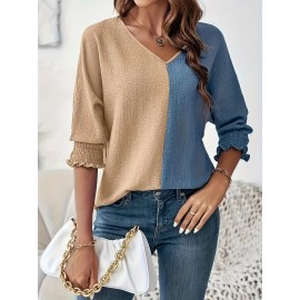 Elegant Color Block V-Neck Blouse for Women - Breathable Polyester, Machine Washable - Perfect for Spring/Summer/Fall
