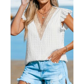 Women's Casual V-Neck Blouse with Lace Detail - Breathable Polyester, Machine Washable - Perfect for All Seasons