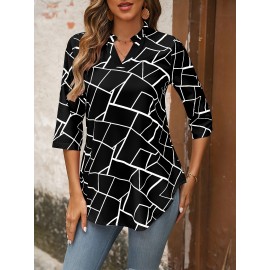 1pc Elegant Women'S Geometric-Patterned V-Neck Half Sleeve Shirt - Polyester Woven Pullover with Regular Fit for Spring/Summer/Fall