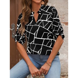 1pc Elegant Women'S Geometric-Patterned V-Neck Half Sleeve Shirt - Polyester Woven Pullover with Regular Fit for Spring/Summer/Fall