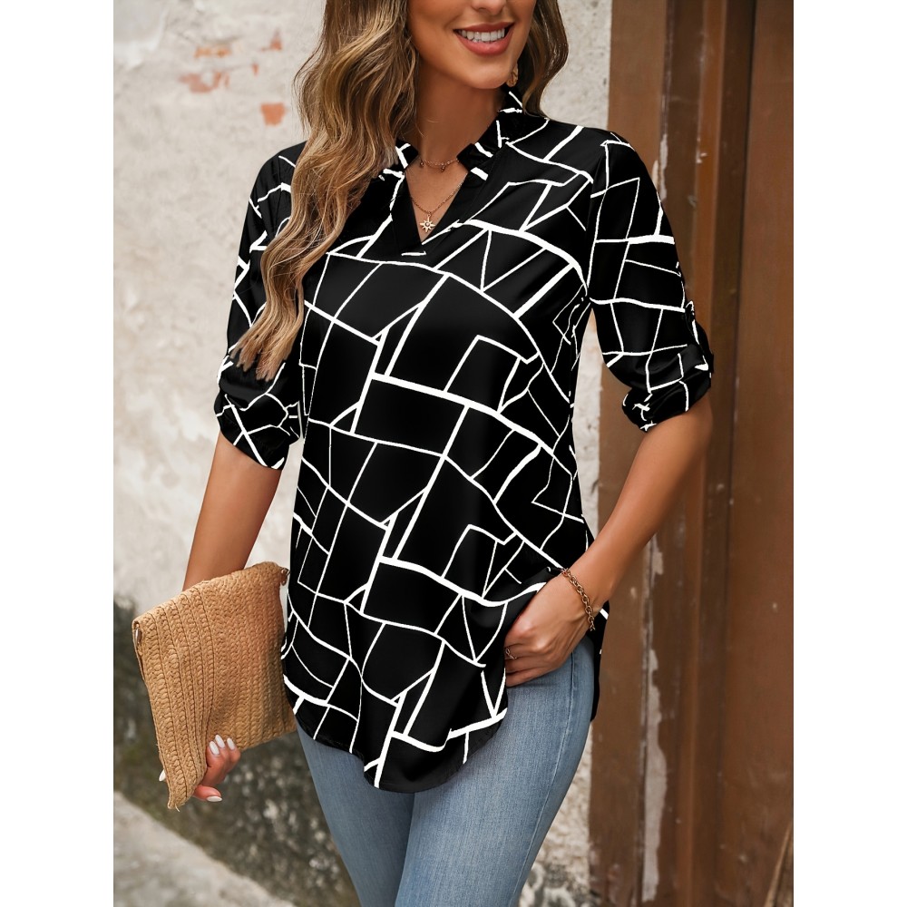 1pc Elegant Women'S Geometric-Patterned V-Neck Half Sleeve Shirt - Polyester Woven Pullover with Regular Fit for Spring/Summer/Fall