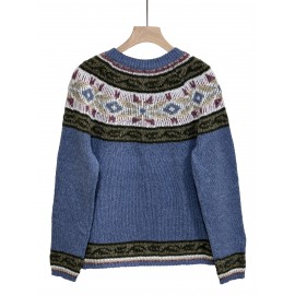 Women's Retro Elegant Geometric Pattern Cardigan Sweater - Blue Brown Beige White Contrast Trim, Round Neck Long Sleeve Button Front Closure, All-Season Machine Washable Sweater for Casual & Formal Outfits, Sweaters Cardigan for Women, Cardigan with Design, Womens Cardigans, Cute Sweater, Winter Cardigan for Women High Quality