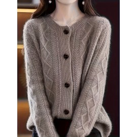 Women'S Elegant Long Sleeve Cardigan - Chic Button-Front Sweater Jacket, All-Season Layering Piece for Office, Party, Everyday - Easy-Care Women'S Outerwear in Neutral Colors (Beige, Brown, Black, Gray, Blue) - Elegant Sweater Coat, Cardigan Sweater, Party Attire, Textured Knitwear, Office Attire, Durable Material, Stylish Coat, Fashion Lovers