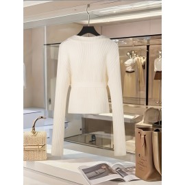 [White Sweater] Soft Acrylic Elegant White Sweater | Round Neck Pullover, Fitted Waist Belt, Ribbed Texture, Golden-Tone Buttons, Fall Winter Women's Chic Top for Casual or Formal Outfits