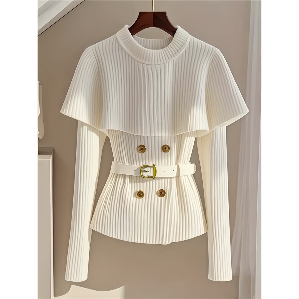 [White Sweater] Soft Acrylic Elegant White Sweater | Round Neck Pullover, Fitted Waist Belt, Ribbed Texture, Golden-Tone Buttons, Fall Winter Women's Chic Top for Casual or Formal Outfits