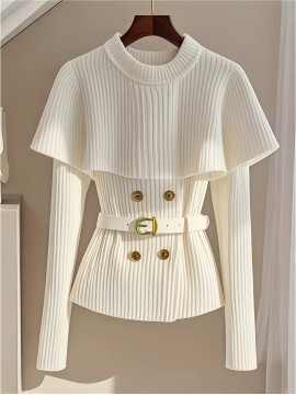 [White Sweater] Soft Acrylic Elegant White Sweater | Round Neck Pullover, Fitted Waist Belt, Ribbed Texture, Golden-Tone Buttons, Fall Winter Women's Chic Top for Casual or Formal Outfits