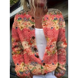 Women'S Vibrant Floral Print Cardigan - 3D All-Over Design, Button-Up Front, Long Sleeves, Lightweight & Breathable for Spring/Fall, White Ribbed Top Underneath, Casual Chic Style, Spring Outerwear | Vibrant Cardigan | Texture