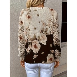 Women'S Elegant V-Neck Long Sleeve Sweater - Floral Print Pullover with BrownRed/Orange/ - Non-Stretchy Sweater for Fall/Winter, Office, Party, Everyday Outfits - Women'S Sweater, Ladies Sweaters, Party Attire, Vneck Design, Durable Knitwear