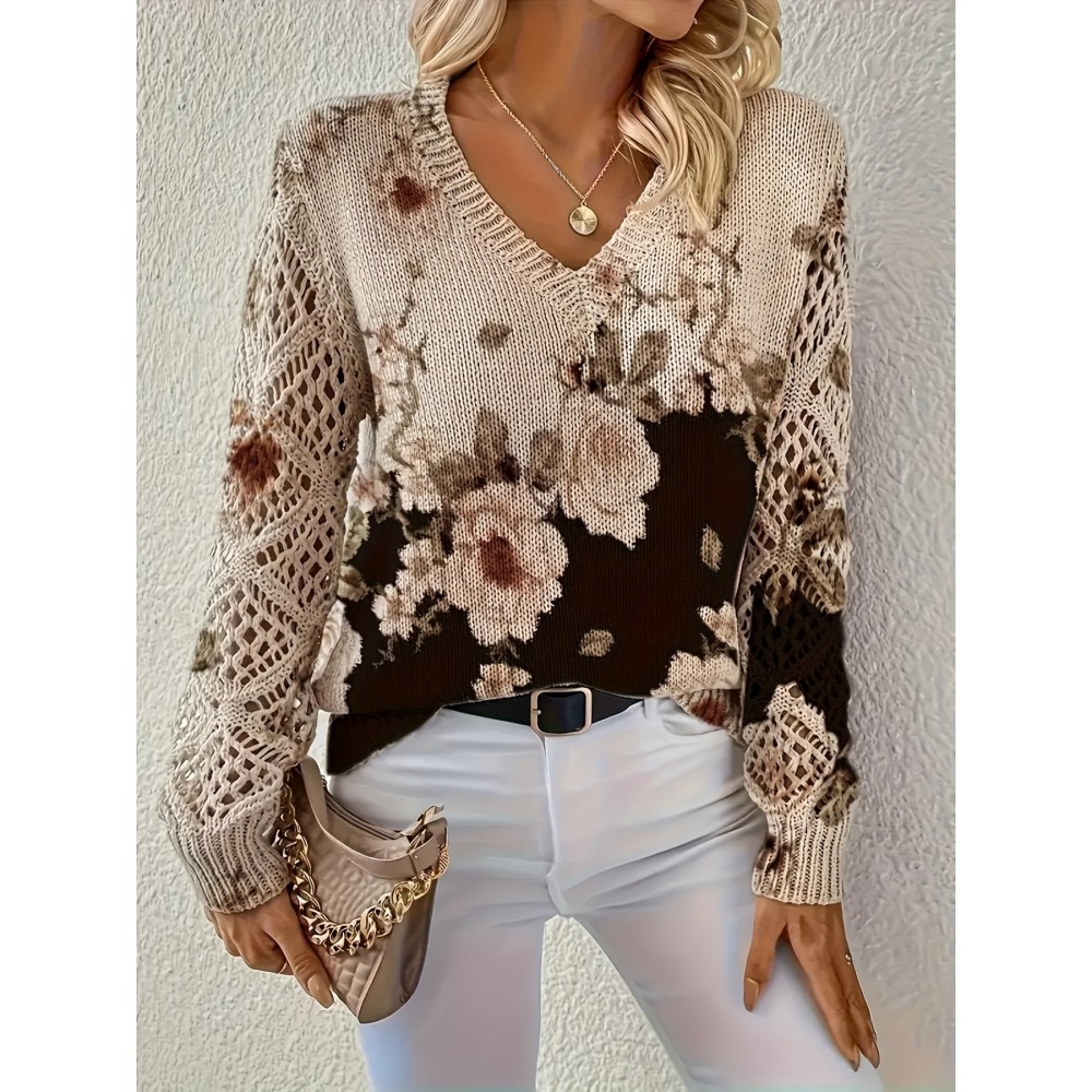 Women'S Elegant V-Neck Long Sleeve Sweater - Floral Print Pullover with BrownRed/Orange/ - Non-Stretchy Sweater for Fall/Winter, Office, Party, Everyday Outfits - Women'S Sweater, Ladies Sweaters, Party Attire, Vneck Design, Durable Knitwear