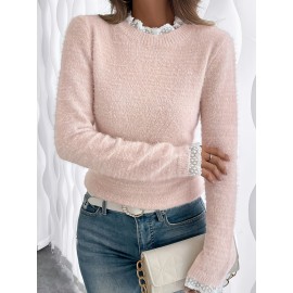 Women's Elegant Round Neck Sweater with Lace Detail on Collar and Cuffs