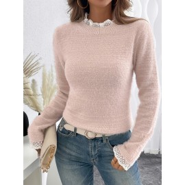 Women's Elegant Round Neck Sweater with Lace Detail on Collar and Cuffs