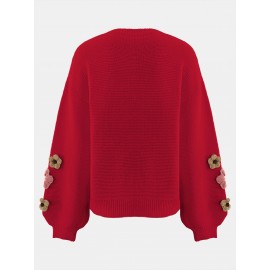 V-Neck Color Block Three-Dimensional Lantern Sleeve Versatile Pullover Top
