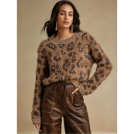 Elegant Leopard Print Pearl-Adorned Sweater Jacket - Luxurious Pearl-Accented Collar & Sleeve Trim, High Elasticity Round Neck Blazer for All-Season Wear, Semi-Sheer Warm Coat (Hand Wash/Dry Clean) - Pearl-Decorated Blazer