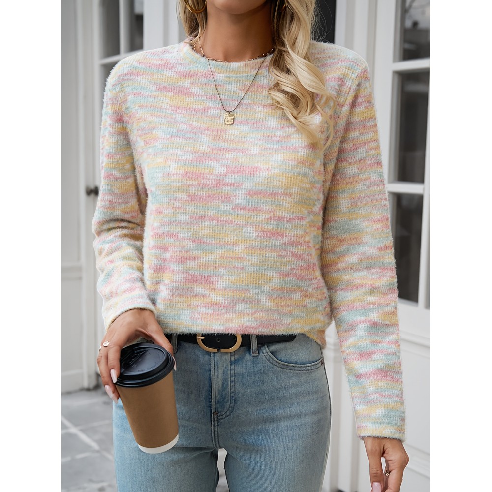 Women's Rainbow Striped Sweater - Pastel Color Block Design, Soft Round Neck Pullover, Hand Washable All-Season Casual Top, Cute Sweaters, Durable Fabric